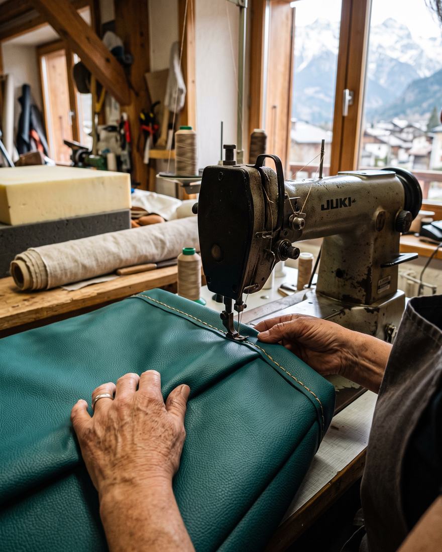 Mains de couturière piquant une housse de banquette en simili-cuir sur une machine industrielle