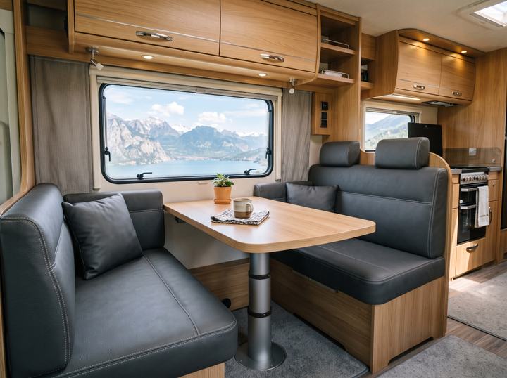 Dînette de camping-car avec banquettes en simili-cuir gris anthracite