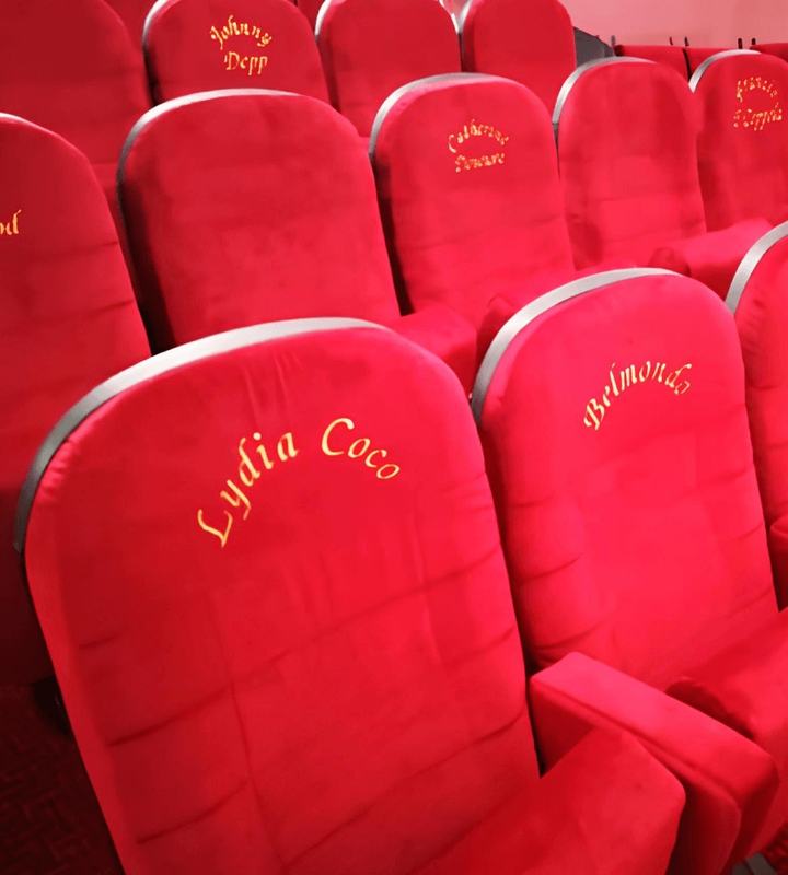 Fauteuils rouges rénovés du cinéma Le Roc à Embrun, dossiers brodés au nom d'acteurs